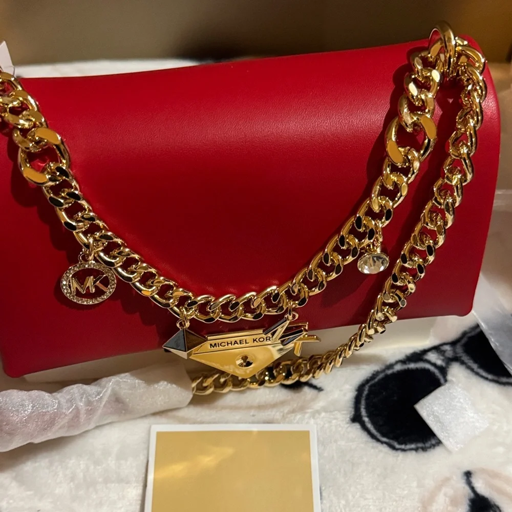 NWT Michael Kors Bright Red Crossbody/Shoulder Bag With Beautiful Gold Charms - Picture 14 of 16